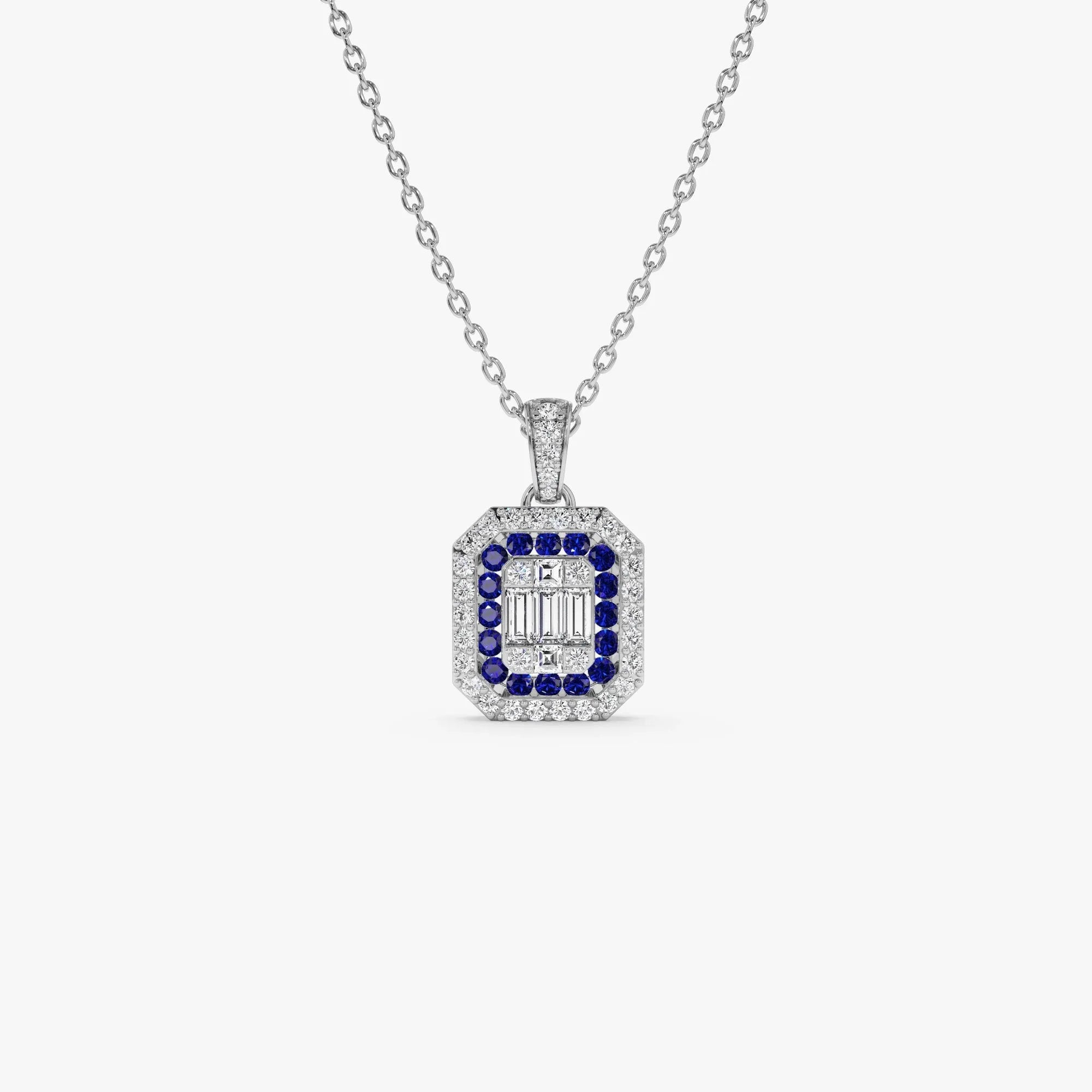 14k Solid Gold Sapphire and Diamond Round Baguette Halo Necklace 0.50 Carat