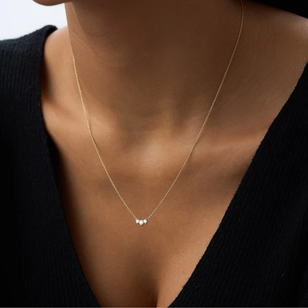 14K Solid Gold Round Diamond Trio Past Present Future Necklace Prong Setting 0.26ctw