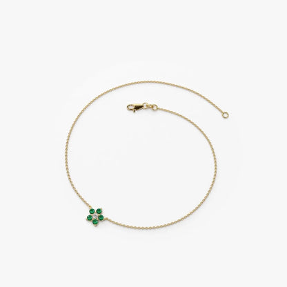 14K Solid Gold Round Emerald and Diamond Flower Charm Bracelet