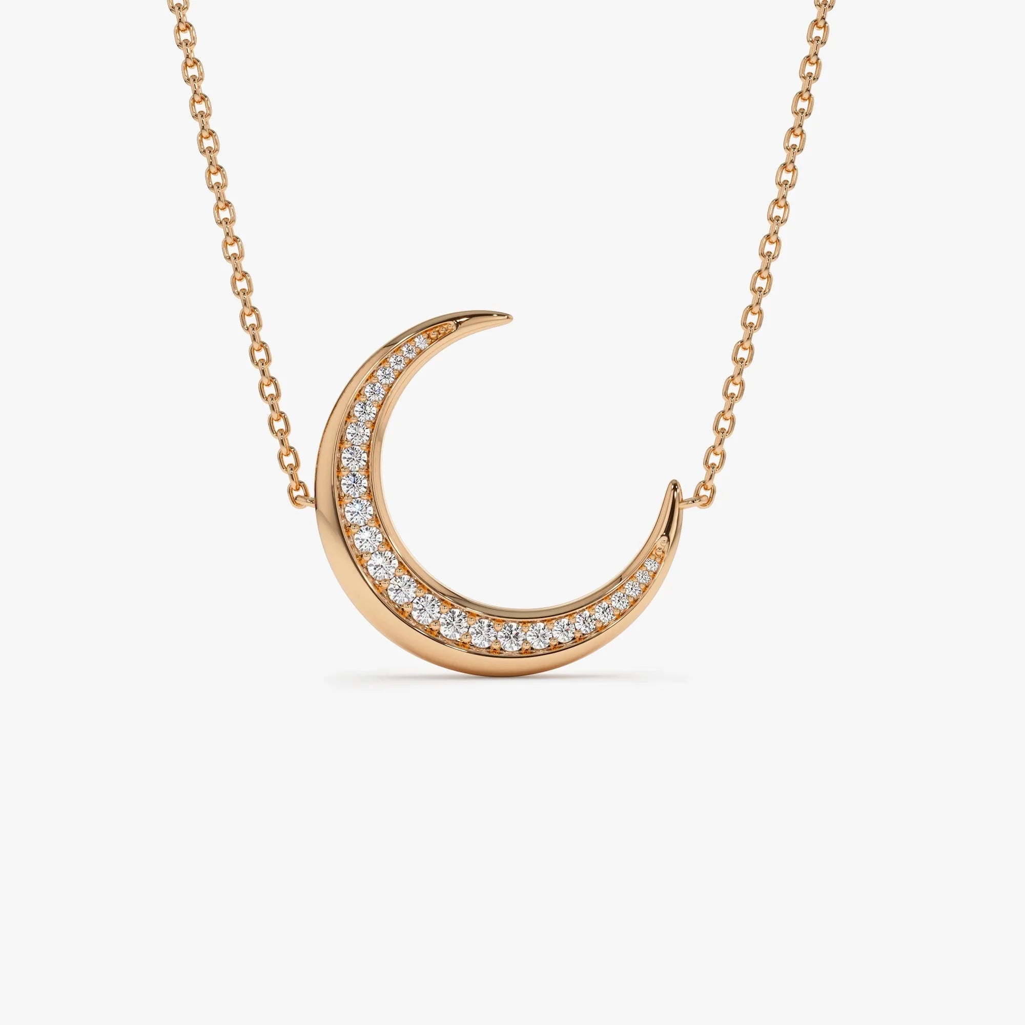 14K Solid Gold 0.25 CTW Round Diamond Large Crescent Moon Necklace