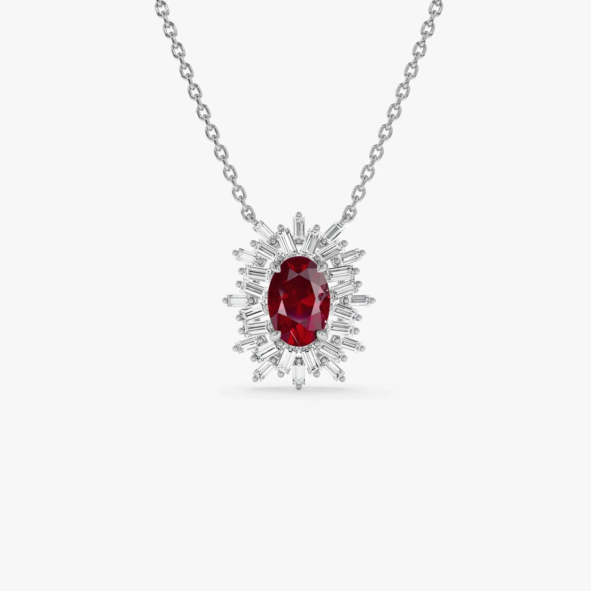 14k Solid Gold Ruby and Diamond Oval Baguette Ballerina Necklace 0.71 Carat Prong Setting