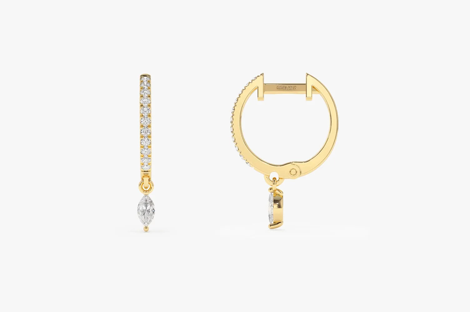 14k Gold Diamond Marquise and Round Cut Dangling Huggie Earrings Prong Micro Pave 0.28 ctw