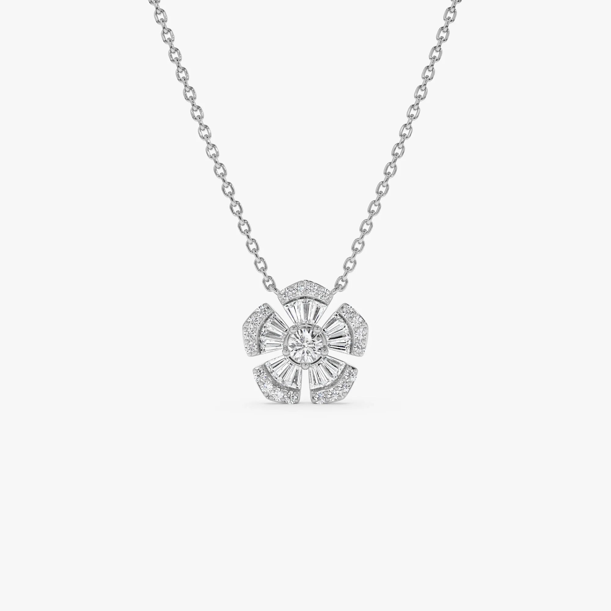 14K Solid Gold 0.40 CTW Baguette and Round Diamond Flower Necklace