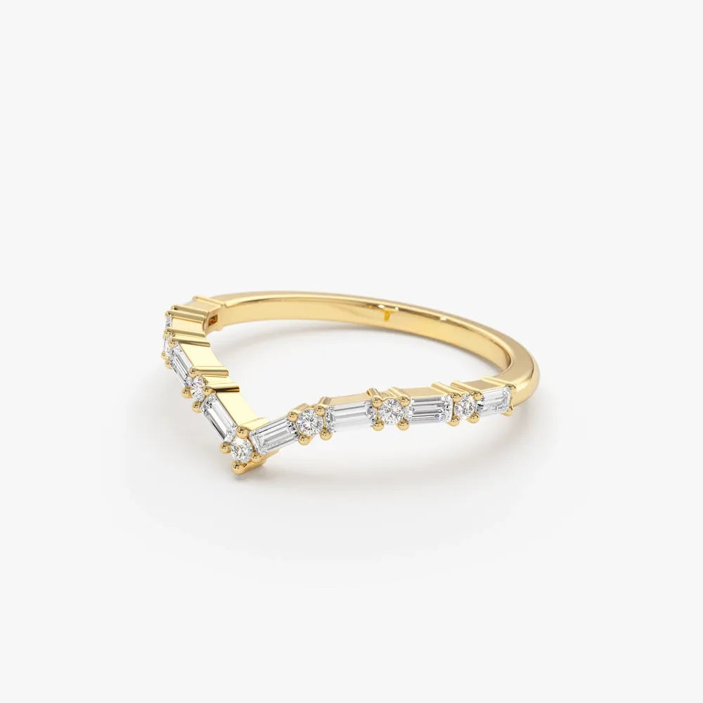 14k Gold Baguette and Round Diamond 0.36 ctw Chevron Ring