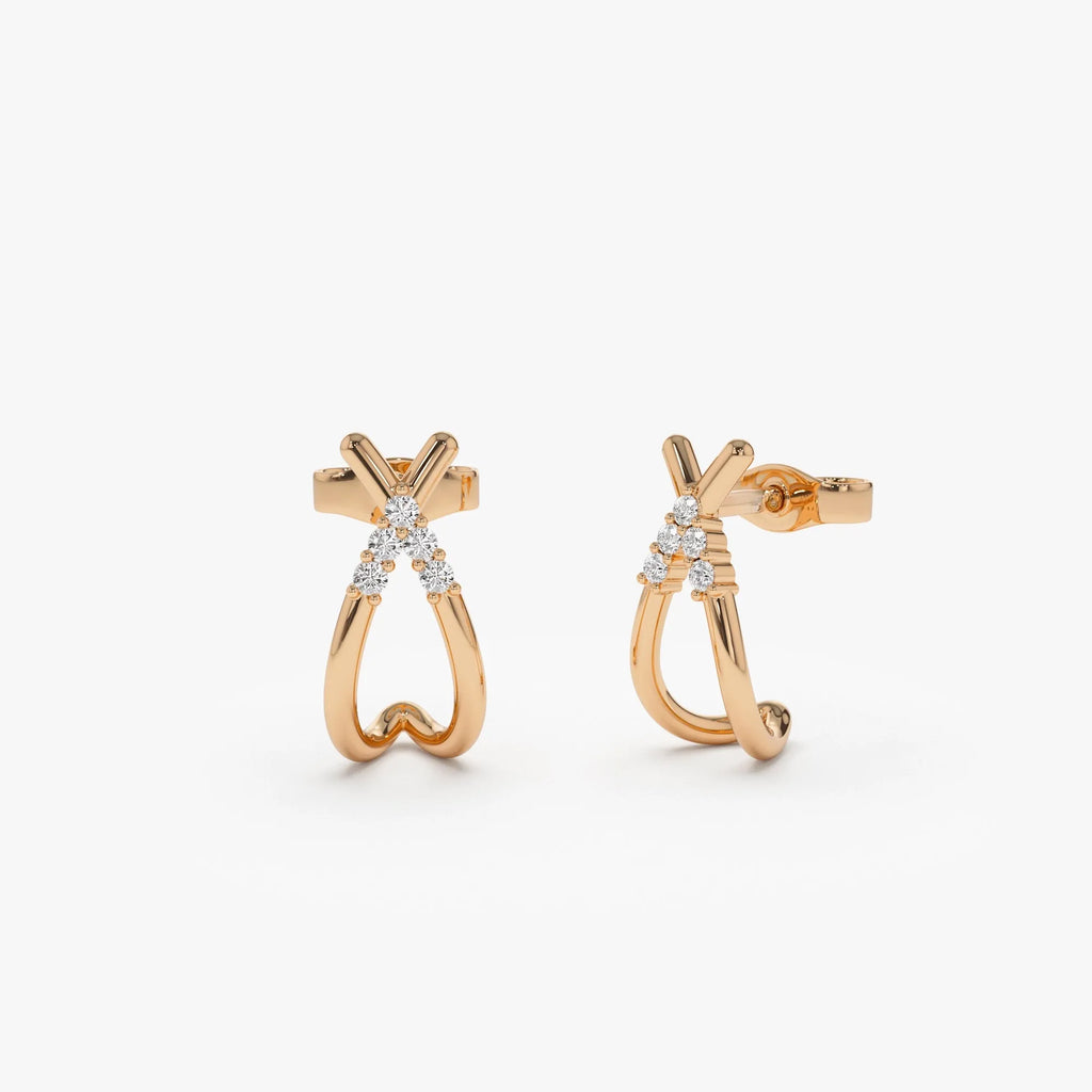 14k Gold Diamond Round Cut Criss Cross Half Hoop Stud Earrings 0.09 ctw