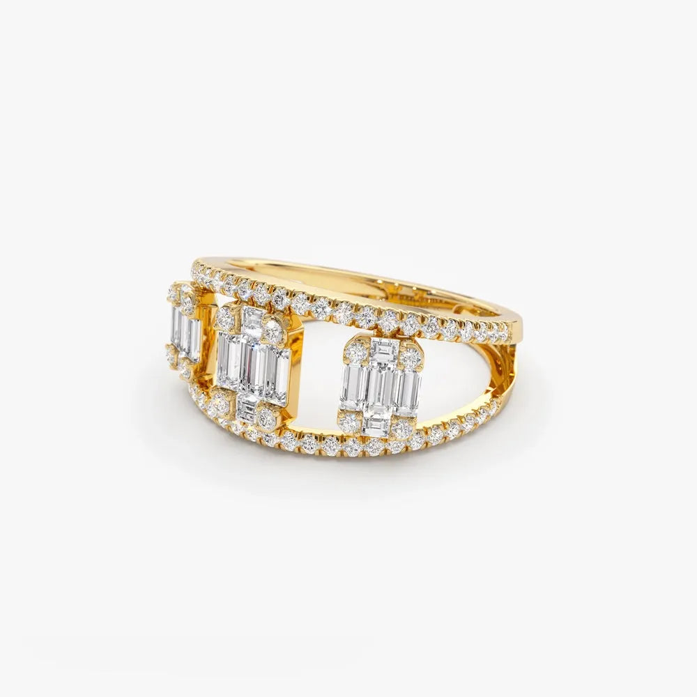 14K Gold 0.80 Carat Baguette and Round Diamond Illusion Setting Cocktail Ring