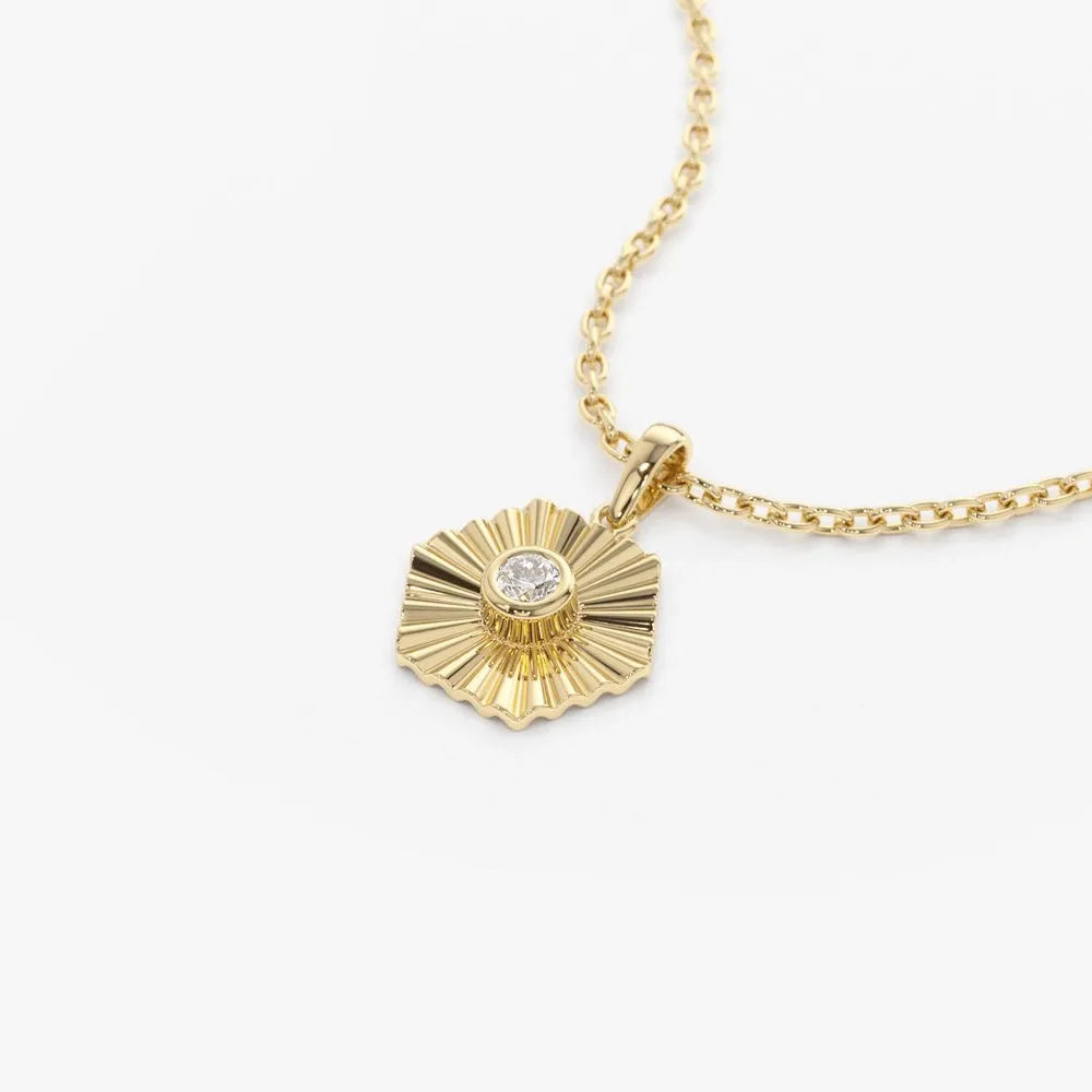 14K Solid Gold Round Diamond Hexagon Disc Ray Pendant Necklace 0.07ctw