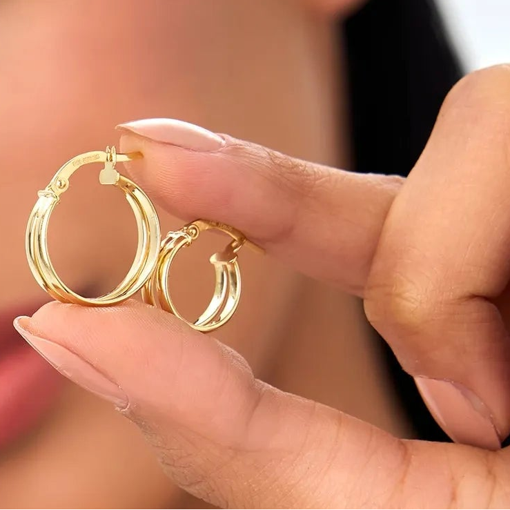 14k Yellow Gold Dual Row Hoop Earrings 16mm Outer Diameter 5.5mm Width