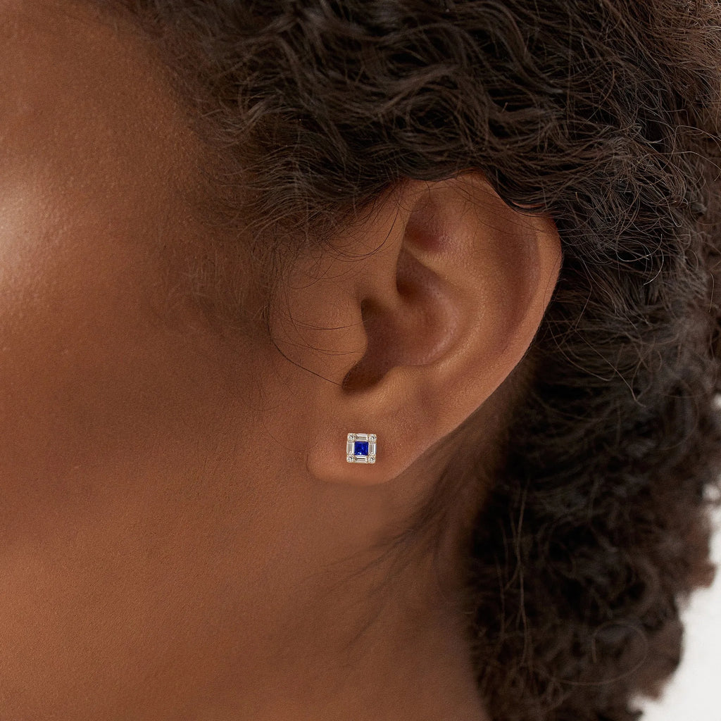14k Solid Gold Princess Cut Blue Sapphire and Diamond Halo Stud Earrings 0.37 ctw