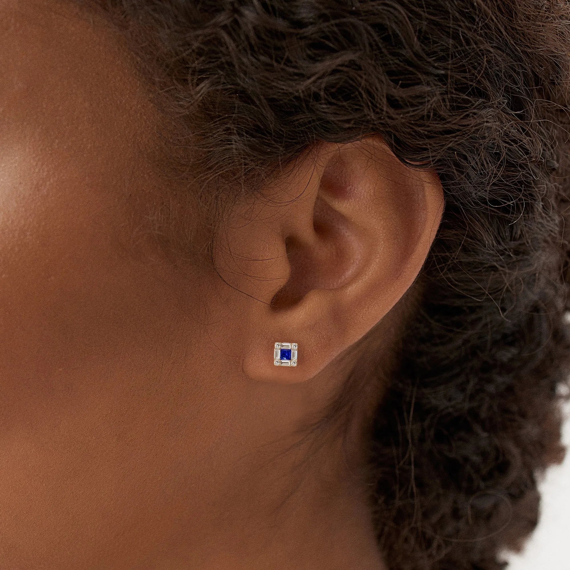 14k Solid Gold Princess Cut Blue Sapphire and Diamond Halo Stud Earrings 0.37 ctw