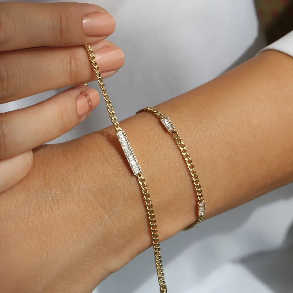 14K Solid Gold 0.42 CTW Baguette and Round Diamond Bar Curb Link Bracelet