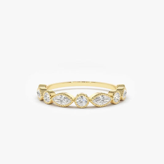 14K Gold 0.55 Ctw Marquise and Round Diamond Milgrain Bezel Setting Ring