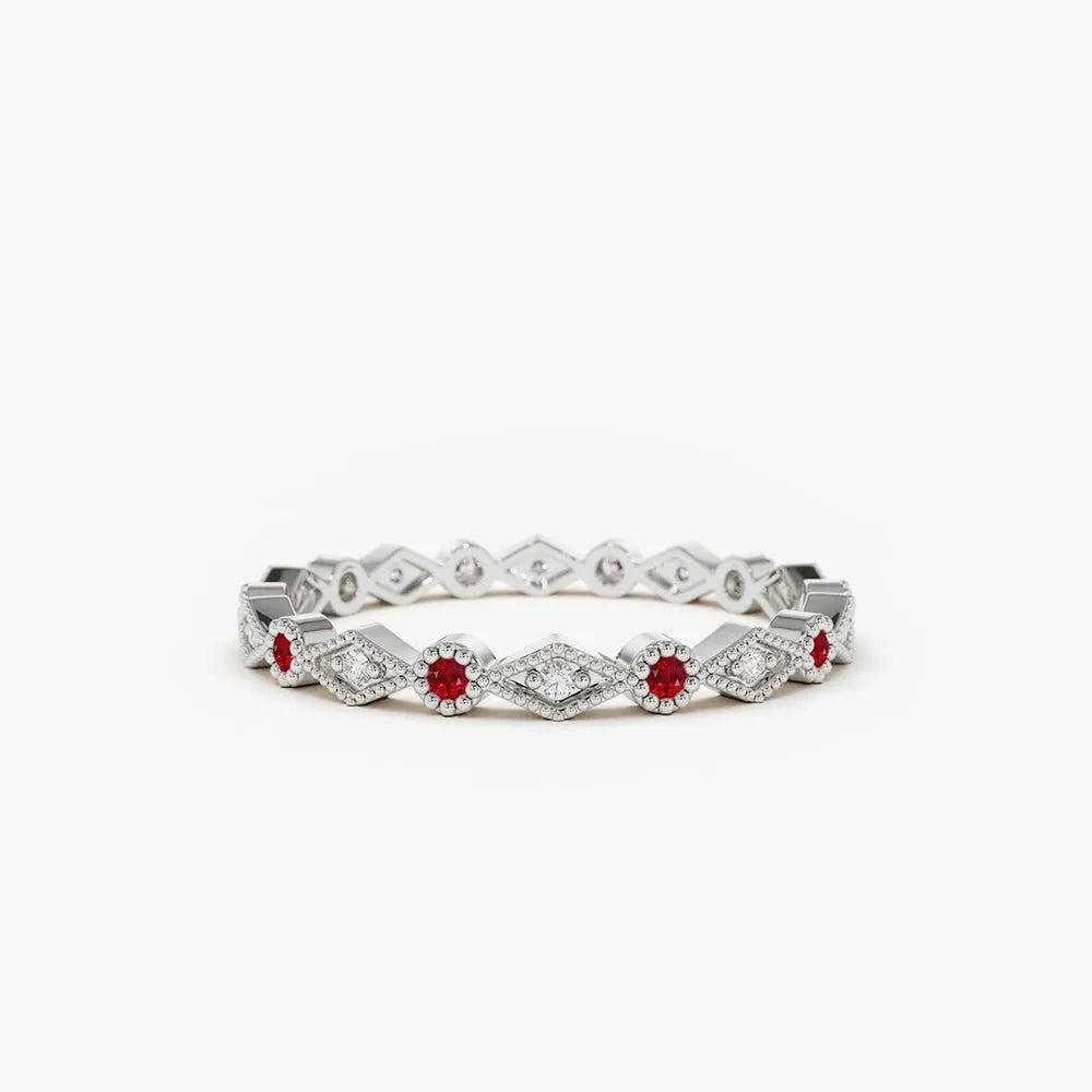 14k Gold Ruby and Diamond Round Cut Art Deco Geometric Wedding Band Bezel Setting 0.20 ctw