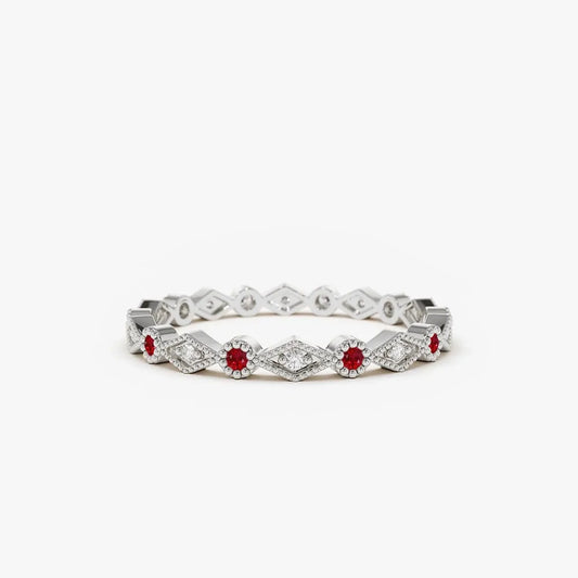 14k Gold Ruby and Diamond Round Cut Art Deco Geometric Wedding Band Bezel Setting 0.20 ctw