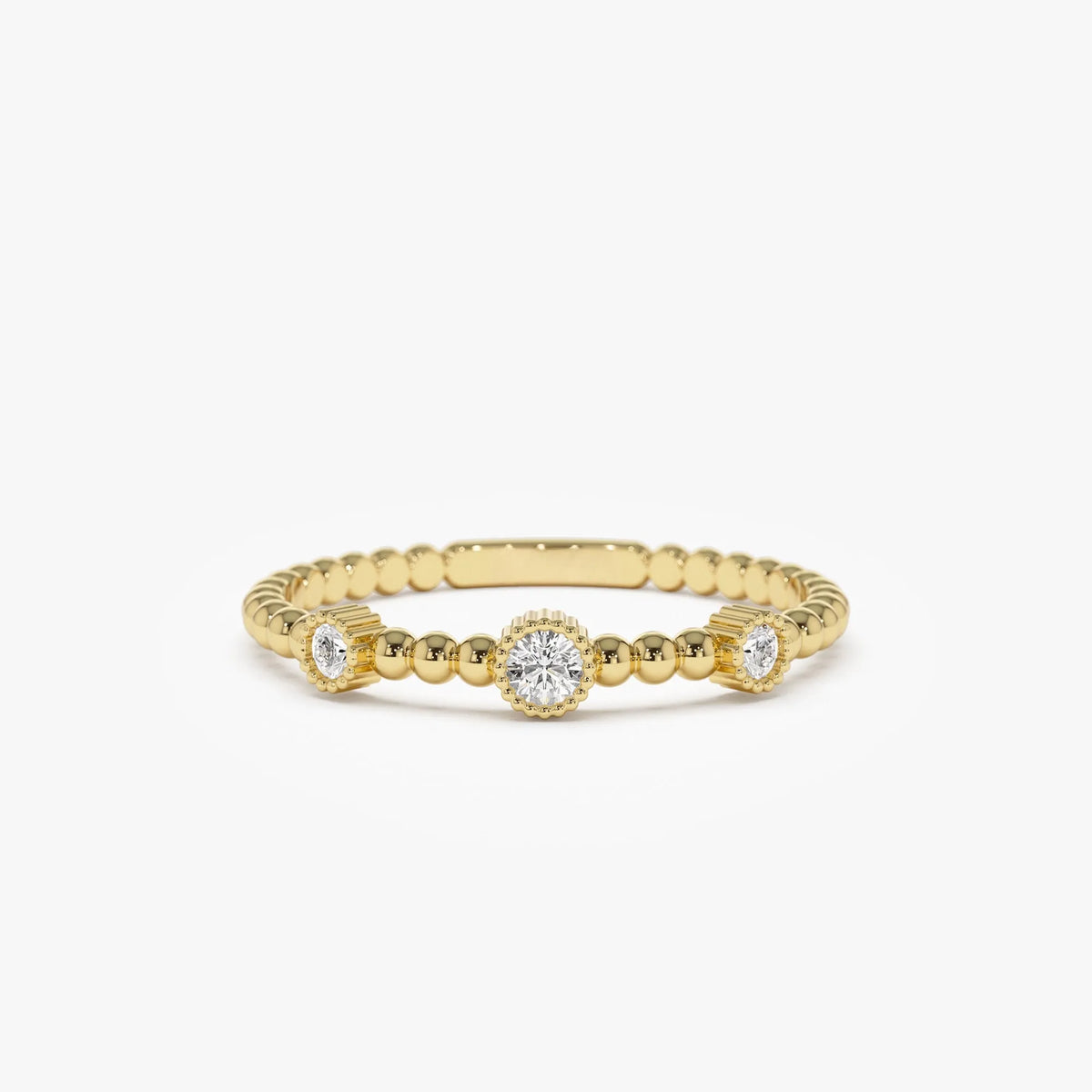 14k Solid Gold Round Diamond 0.12 ctw Three Bezel Setting Bead Band Ring