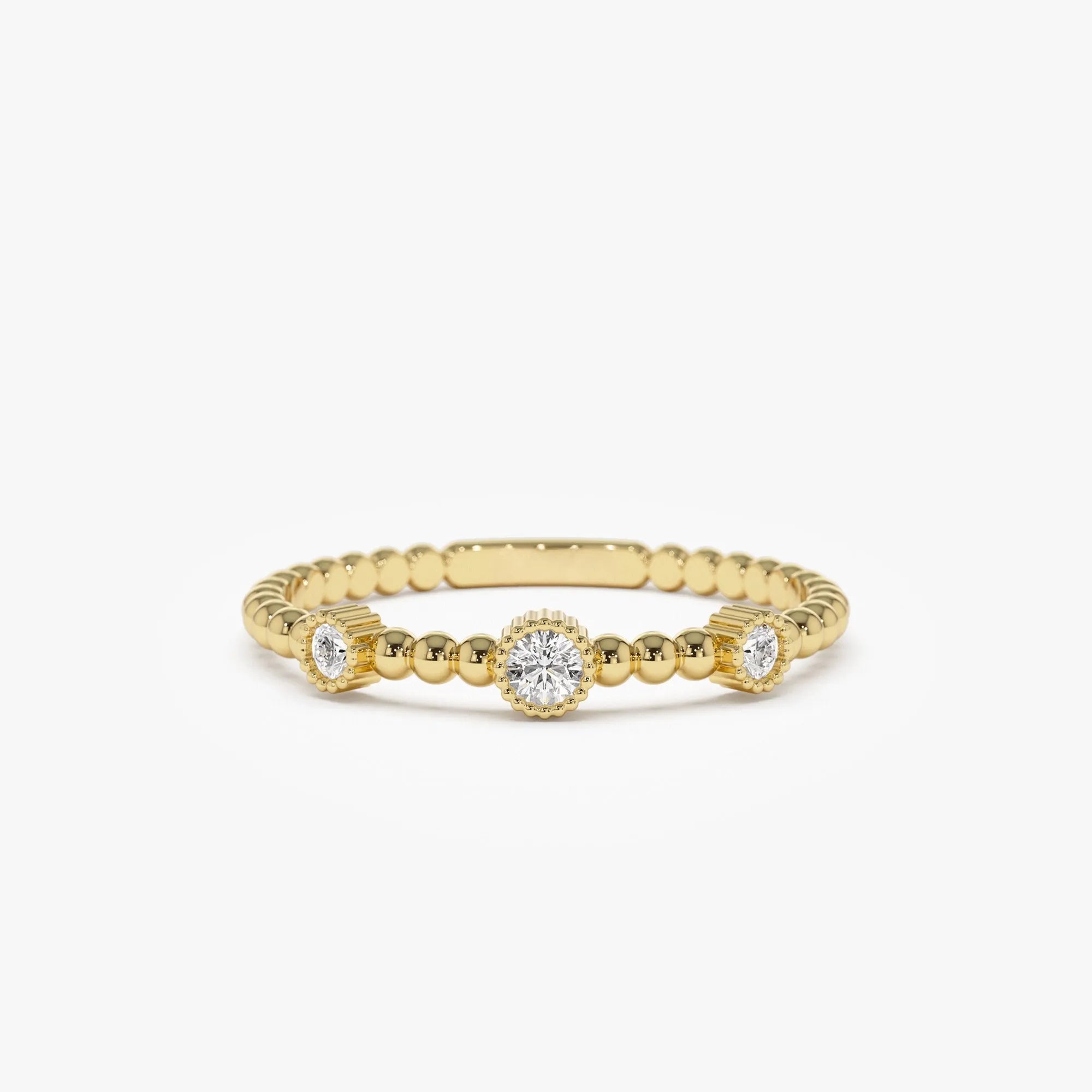 14k Solid Gold Round Diamond 0.12 ctw Three Bezel Setting Bead Band Ring