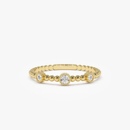14k Solid Gold Round Diamond 0.12 ctw Three Bezel Setting Bead Band Ring