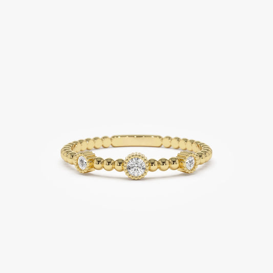 14k Solid Gold Round Diamond 0.12 ctw Three Bezel Setting Bead Band Ring