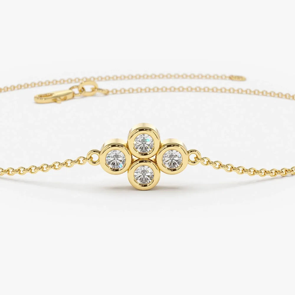 14K Solid Gold Round Diamond Quad Cluster Bracelet Bezel Setting 0.10 Carat