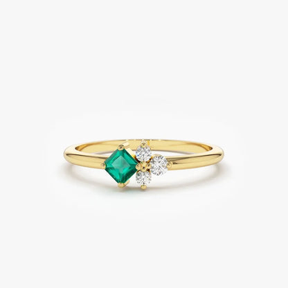14K Solid Gold Princess Cut Emerald and Round Diamond Ring 0.14 CTW Handcrafted Jewelry