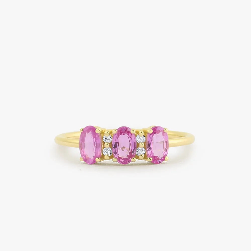 14k Gold Pink Sapphire and Diamond Oval Cut Three Stone Ring Prong Setting 1.05 ctw