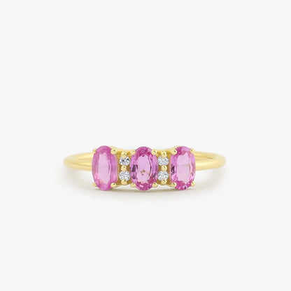 14k Gold Pink Sapphire and Diamond Oval Cut Three Stone Ring Prong Setting 1.05 ctw
