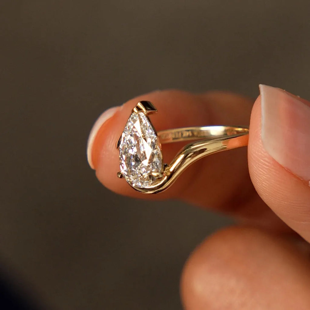 14k Gold Lab Grown Diamond Pear Cut Ring Bypass Design Novelle 1.50 Carat