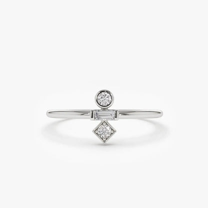 14K Solid Gold Baguette and Round Cut Diamond Trio Ring 0.13 CTW Channel and Bezel Setting