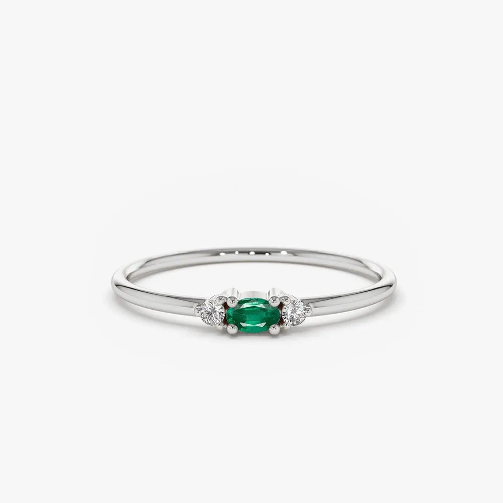 14K Gold Oval Emerald and Round Diamond Three Stone Ring 0.10 CTW Handcrafted Jewelry
