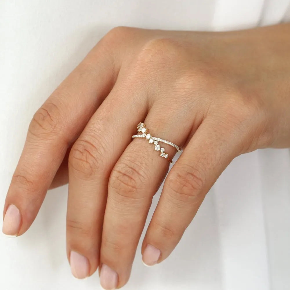 14k Gold Round Diamond Criss Cross Cluster Ring 0.53ctw Micro Pave Setting
