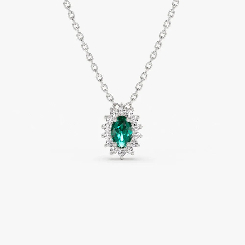 14k Solid Gold Oval Emerald 0.25 CTW and Round Diamond 0.12 CTW Halo Necklace