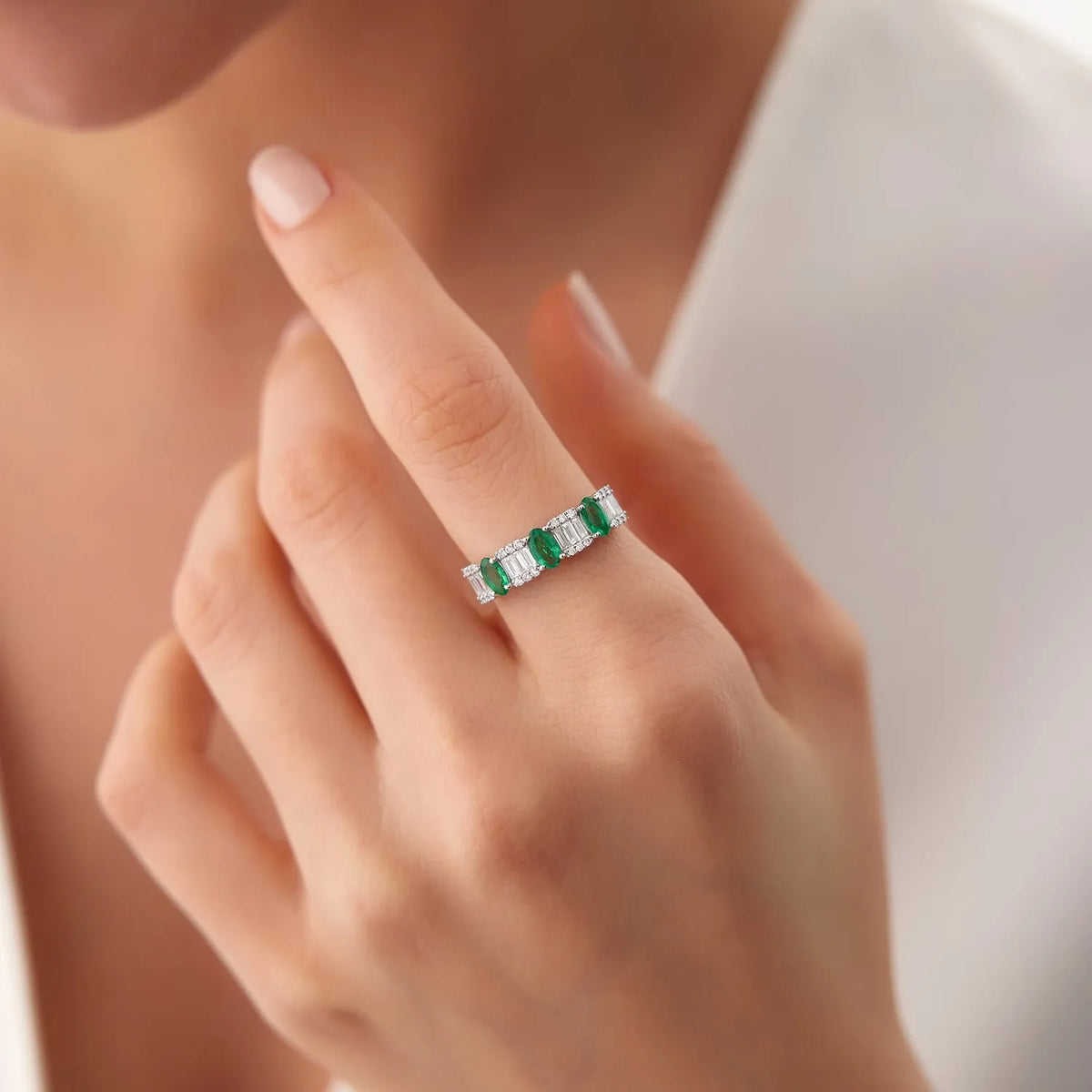 14K Solid Gold Oval Emerald and Baguette Round Diamond Ring 1.43 CTW Handcrafted Jewelry