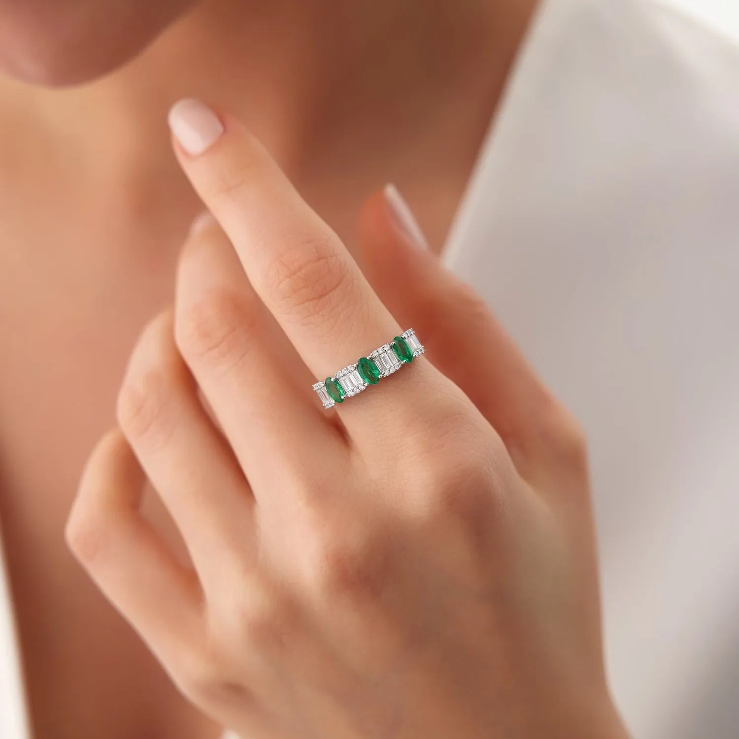 14K Solid Gold Oval Emerald and Baguette Round Diamond Ring 1.43 CTW Handcrafted Jewelry