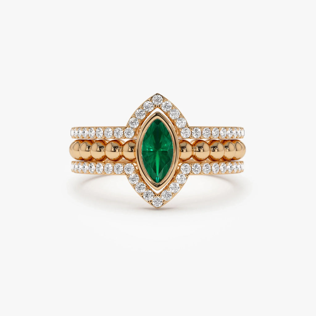 14K Solid Gold Marquise Emerald and Round Diamond Nesting Band Ring 0.70 CTW