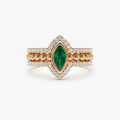 14K Solid Gold Marquise Emerald and Round Diamond Nesting Band Ring 0.70 CTW