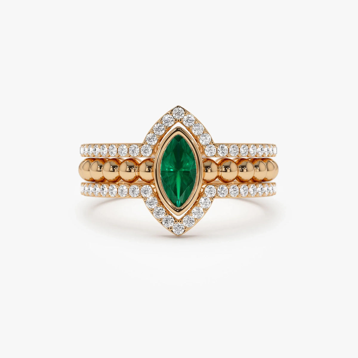 14K Solid Gold Marquise Emerald and Round Diamond Nesting Band Ring 0.70 CTW