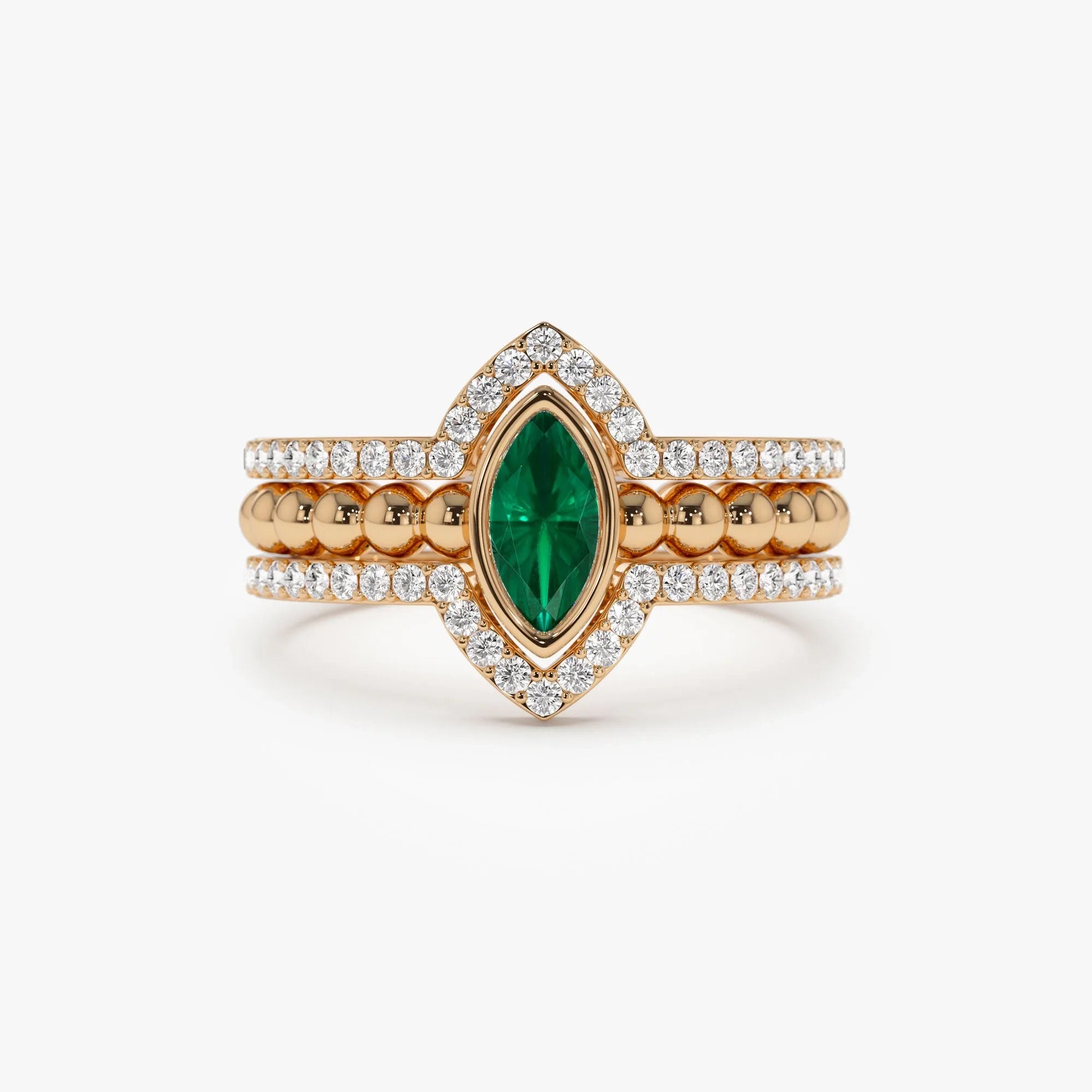 14K Solid Gold Marquise Emerald and Round Diamond Nesting Band Ring 0.70 CTW
