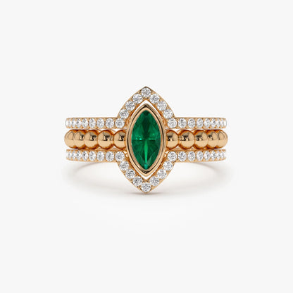 14K Solid Gold Marquise Emerald and Round Diamond Nesting Band Ring 0.70 CTW