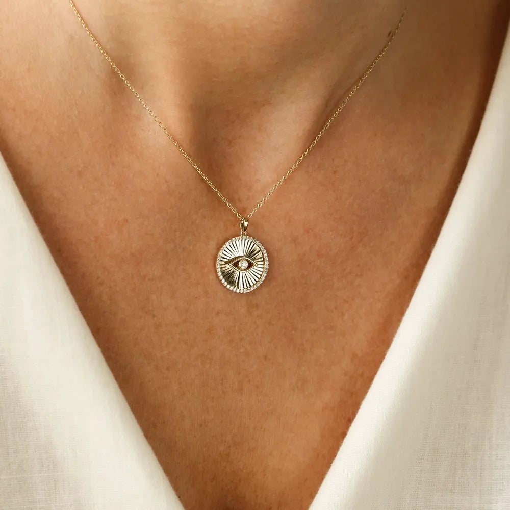 14K Solid Gold Round Diamond Evil Eye Medallion Disc Necklace 0.29ctw