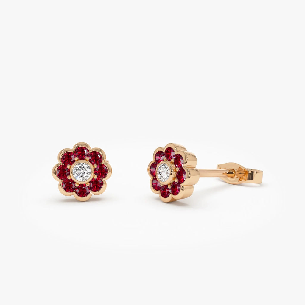 4k Gold Ruby and Diamond Round Cut Flower Stud Earrings Bezel Setting 0.57 ctw