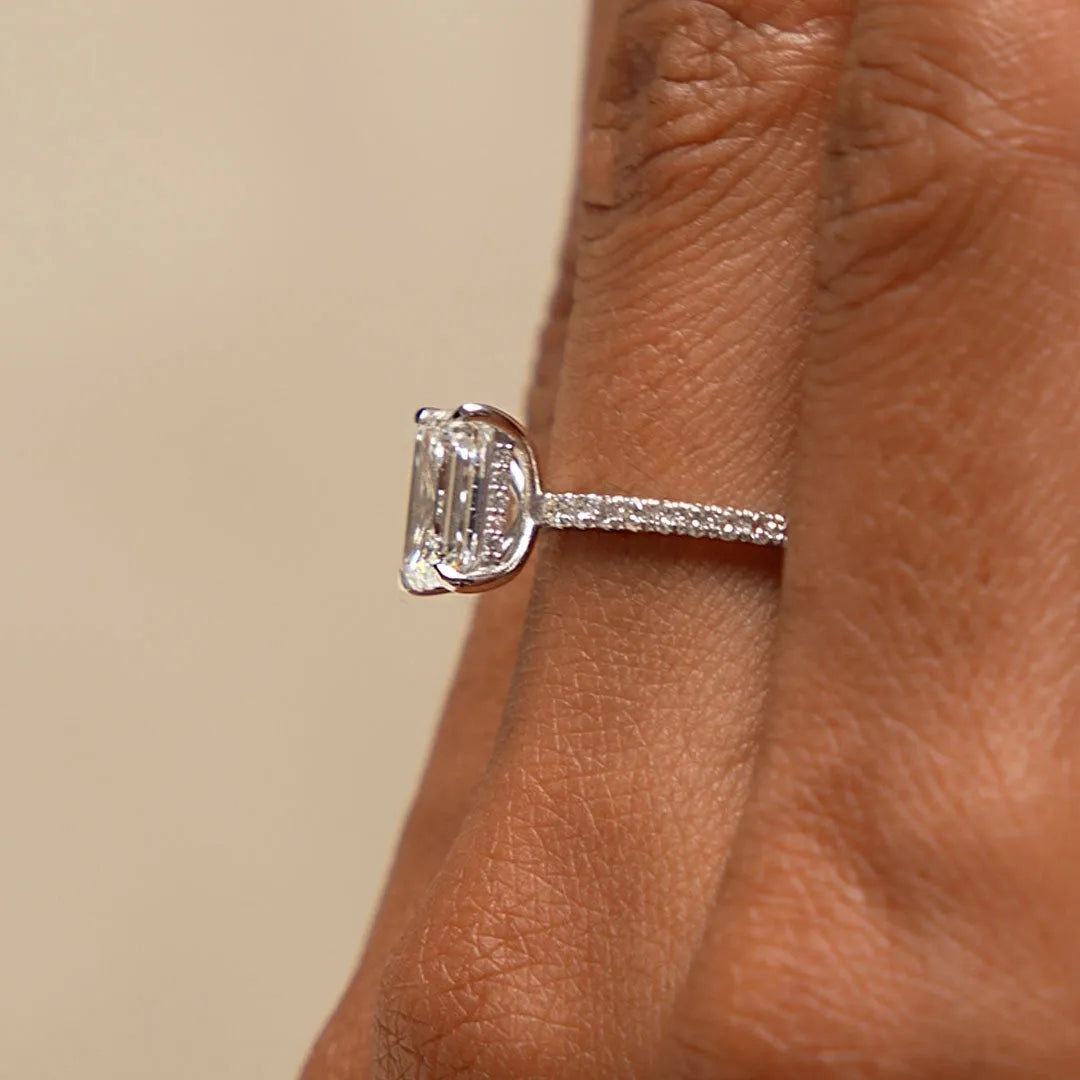 14k Gold 2.45 Ctw Emerald Cut Lab Grown Diamond Pavé Hidden Halo Engagement Ring Aurelia