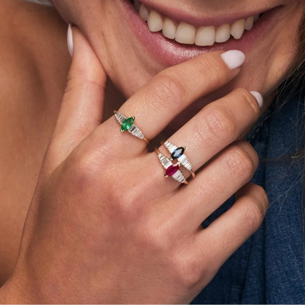 14K Solid Gold Marquise Emerald and Baguette Diamond Ring 0.75 CTW