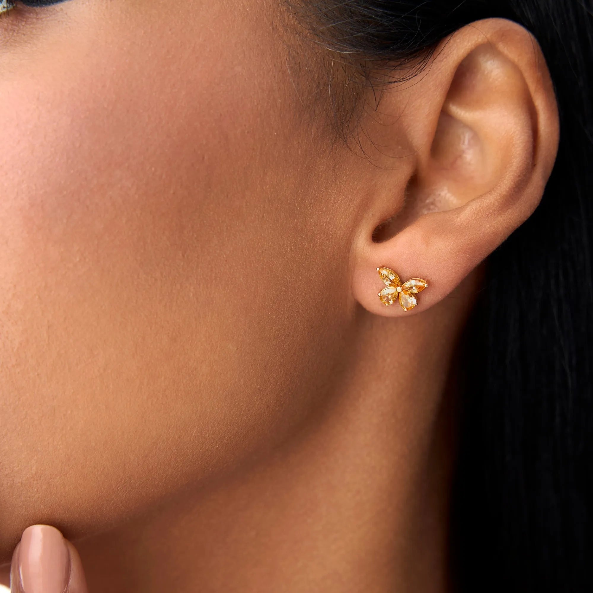 14K Solid Gold Marquise and Pear Cut Citrine Butterfly Stud Earrings 1.20ctw