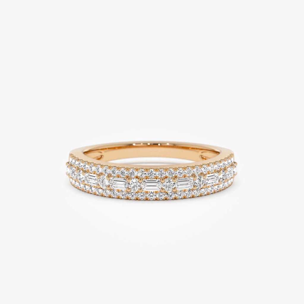 14K Solid Gold Baguette and Round Diamond 0.40 Carat Wedding Ring