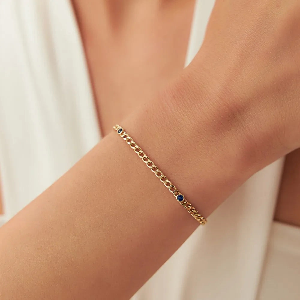14K Solid Gold Cuban Link Bracelet with Bezel Set Round Sapphire