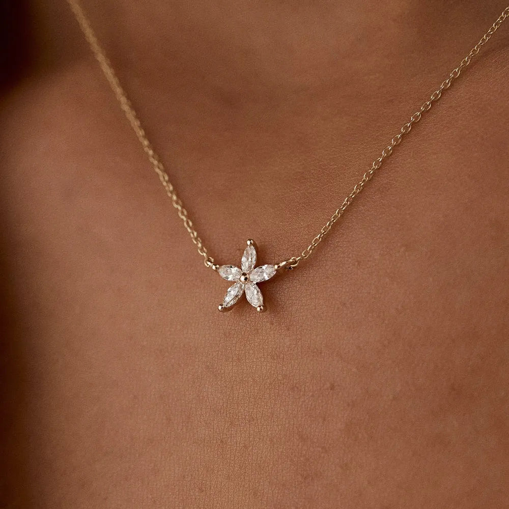 14K Solid Gold Marquise Diamond Flower Pendant Necklace 0.32ctw