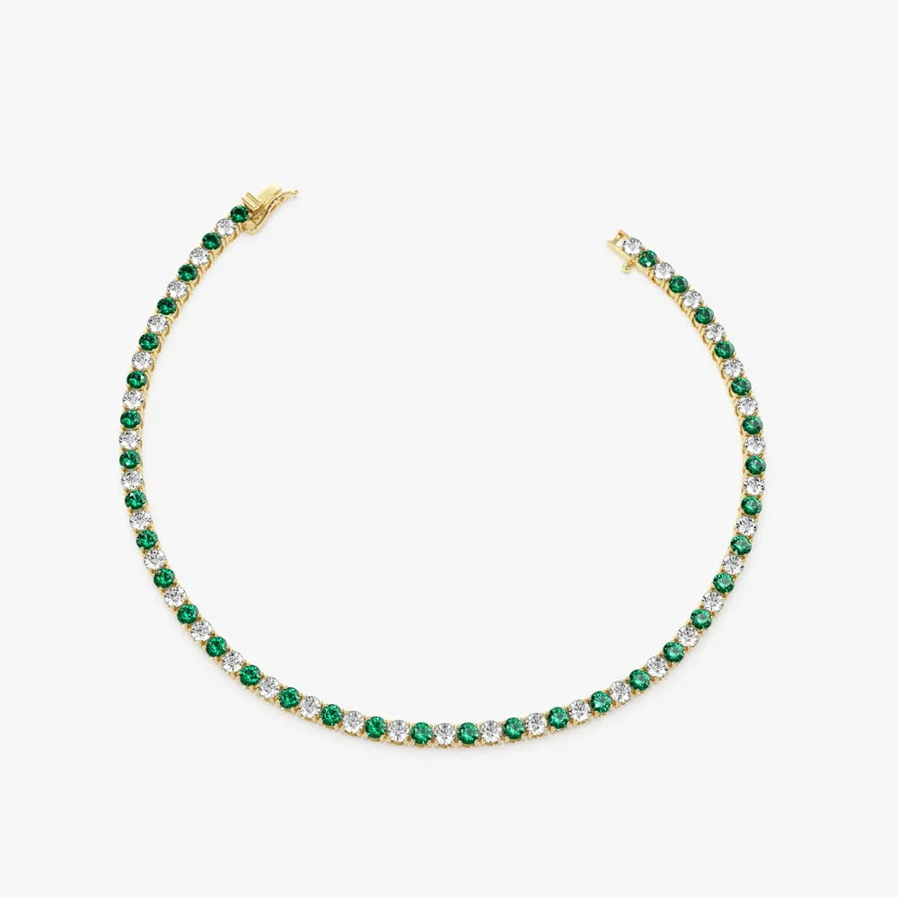 14k Gold Round Diamond and Emerald 4 Prong Tennis Bracelet