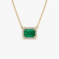14k Solid Yellow Gold Octagon Emerald 1.02 CTW and Round Diamond 0.12 CTW Halo Pendant Necklace