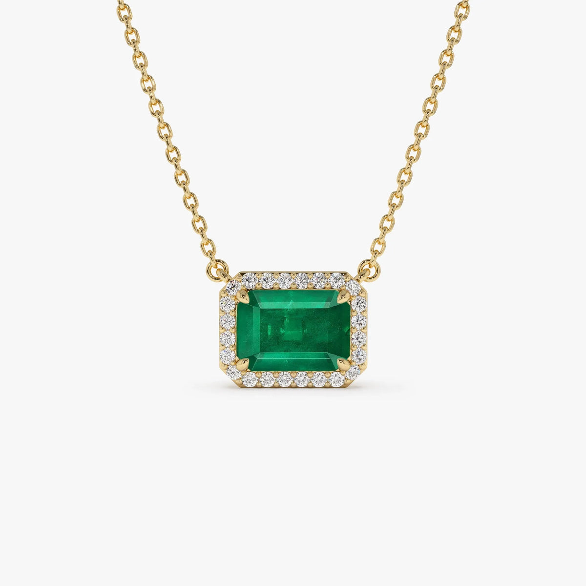 14k Solid Yellow Gold Octagon Emerald 1.02 CTW and Round Diamond 0.12 CTW Halo Pendant Necklace