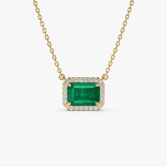 14k Solid Yellow Gold Octagon Emerald 1.02 CTW and Round Diamond 0.12 CTW Halo Pendant Necklace